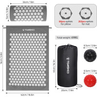 Набір для акупресури TOMSHOO, килимок акупресурний і подушка з 2 масажними кульками - терапія для зняття болю, сірий (my-13129)