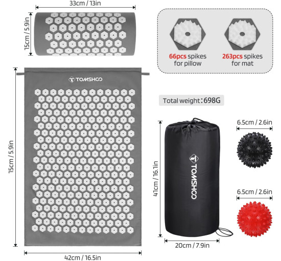 Набор для акупрессуры TOMSHOO, акупрессурный коврик и подушка с 2 массажными шариками - терапия для снятия боли, серый (my-13129)