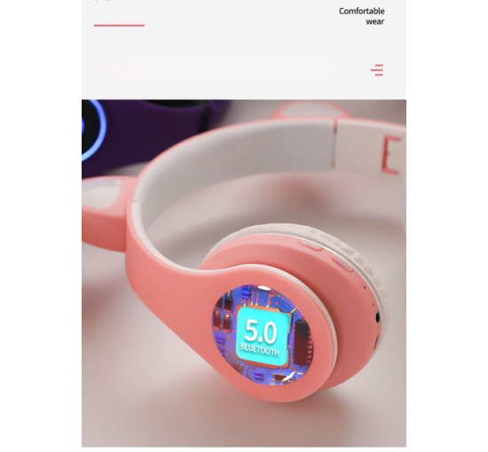 Беспроводные Bluetooth наушники CXT-B39 со светящимися ушками и подсветкой, розовый (my-19040)