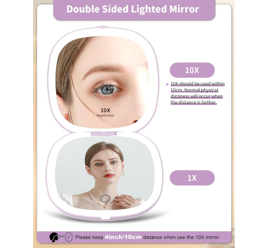Дзеркало для макіяжу WOBSION BM-2320B-2 з підсвічуванням та збільшенням, складне дзеркало для сумки, подарунок, фіолетове (0041)