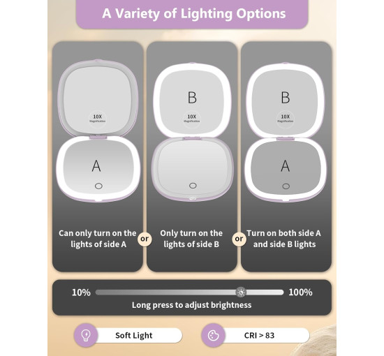 Дзеркало для макіяжу WOBSION BM-2320B-2 з підсвічуванням та збільшенням, складне дзеркало для сумки, подарунок, фіолетове (0041)