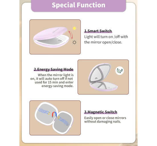 Дзеркало для макіяжу WOBSION BM-2320B-2 з підсвічуванням та збільшенням, складне дзеркало для сумки, подарунок, фіолетове (0041)