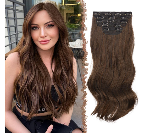 Нарощування волосся FESHFEN на заколках, м'яке синтетичне нарощування волосся для жінок, 20 дюймів, коричневий та каштановий (0110)