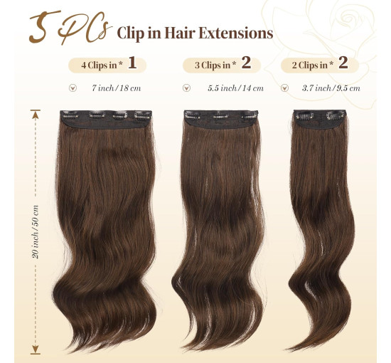 Нарощування волосся FESHFEN на заколках, м'яке синтетичне нарощування волосся для жінок, 20 дюймів, коричневий та каштановий (0110)