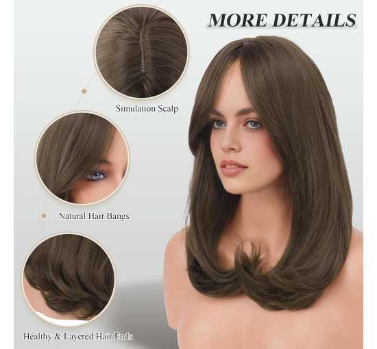 Перука FESHFEN середнього коричневого кольору з чубчиком, синтетичний прямий перуковий візерунок з натуральним волоссям, 18 дюймів (0099)