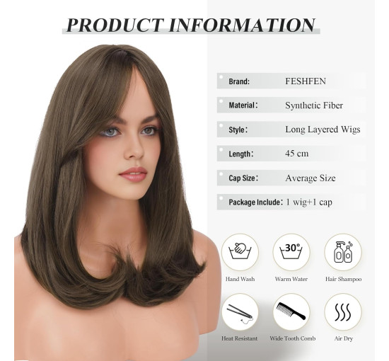 Перука FESHFEN середнього коричневого кольору з чубчиком, синтетичний прямий перуковий візерунок з натуральним волоссям, 18 дюймів (0099)