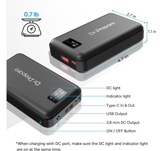 Акумулятор Dr.Prepare ємністю 16000 мАг з виходом 7,4 В постійного струму для жилета з підігрівом, маски для очей, чорний (2071)