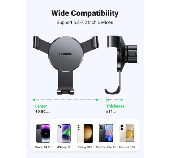 Автомобільний тримач для телефону UGREEN Auto Lock з регульованим поворотом на 360° через вентиляційний отвір, чорний (0022)
