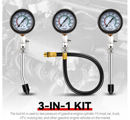 Комплект для вимірювання тиску Auto Dynasty 8PCS 3-в-1 точний інструмент для вимірювання тиску в циліндрі 0-300 Psi (0001)