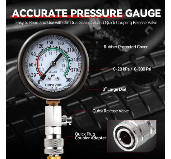 Комплект для вимірювання тиску Auto Dynasty 8PCS 3-в-1 точний інструмент для вимірювання тиску в циліндрі 0-300 Psi (0001)