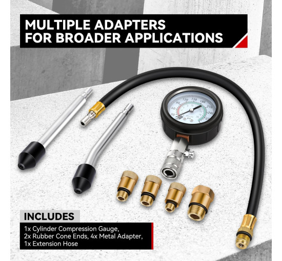 Комплект для вимірювання тиску Auto Dynasty 8PCS 3-в-1 точний інструмент для вимірювання тиску в циліндрі 0-300 Psi (0001)