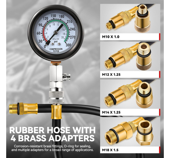 Комплект для вимірювання тиску Auto Dynasty 8PCS 3-в-1 точний інструмент для вимірювання тиску в циліндрі 0-300 Psi (0001)