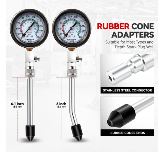 Комплект для вимірювання тиску Auto Dynasty 8PCS 3-в-1 точний інструмент для вимірювання тиску в циліндрі 0-300 Psi (0001)
