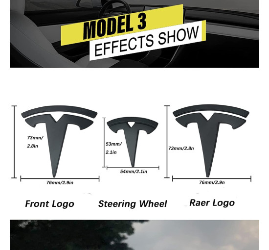 Комплект наклейок GLIART з логотипом Tesla для Model 3, матово-чорні 3шт (3016)