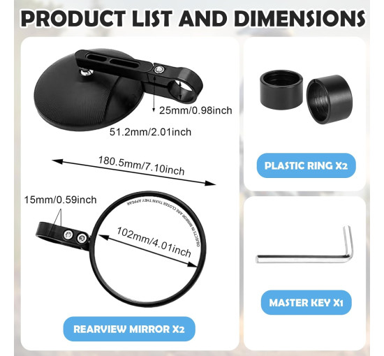 MeYuxg комплект із 2 круглих дзеркал MYX-HSJ2pc-034-BJ20 на торці керма, чорний (5064)