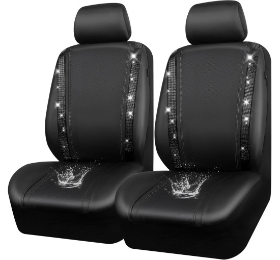 Шкіряні чохли для автокрісел CAR PASS ‎ZT-003-BK з блискучими діамантами, 2 комплекти, водонепроникні, універсальні, чорний (2061)