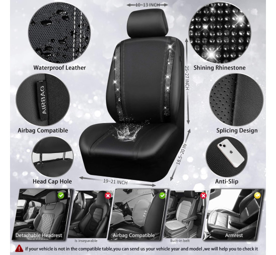 Шкіряні чохли для автокрісел CAR PASS ‎ZT-003-BK з блискучими діамантами, 2 комплекти, водонепроникні, універсальні, чорний (2061)