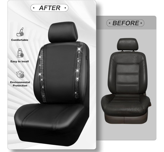 Шкіряні чохли для автокрісел CAR PASS ‎ZT-003-BK з блискучими діамантами, 2 комплекти, водонепроникні, універсальні, чорний (2061)