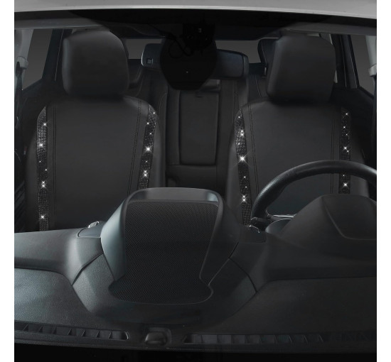 Шкіряні чохли для автокрісел CAR PASS ‎ZT-003-BK з блискучими діамантами, 2 комплекти, водонепроникні, універсальні, чорний (2061)