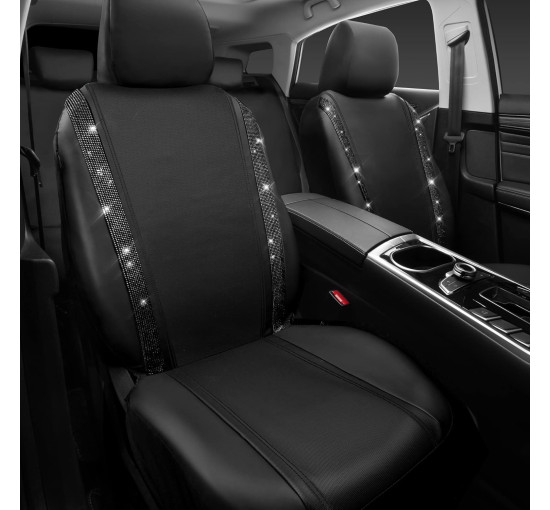 Шкіряні чохли для автокрісел CAR PASS ‎ZT-003-BK з блискучими діамантами, 2 комплекти, водонепроникні, універсальні, чорний (2061)