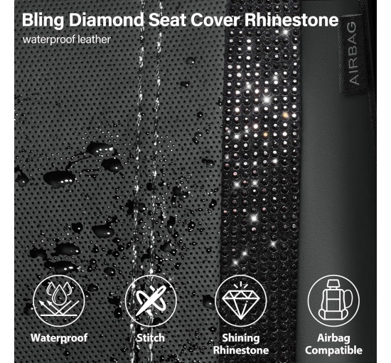 Шкіряні чохли для автокрісел CAR PASS ‎ZT-003-BK з блискучими діамантами, 2 комплекти, водонепроникні, універсальні, чорний (2061)