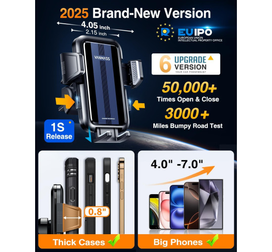 VANMASS Патентоване безпечне кріплення для мобільного телефону, чорне (5077)