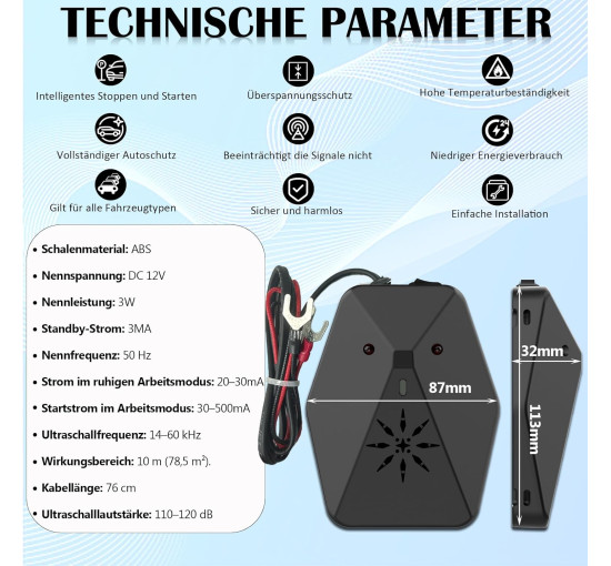 Warmfay Автомобільний відлякувач куниць, 2 режими з багаточастотним ультразвуком та спалахом, 12 В (5030)