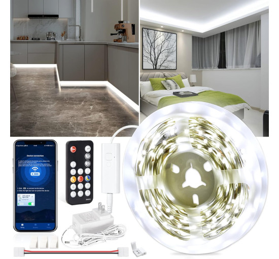 Білі світлодіодні стрічки WOBSION CL07-6000 5м. Bluetooth та ІЧ-пульт дистанційного керування, з регульованою яскравістю, 300 світлодіодів (0053)