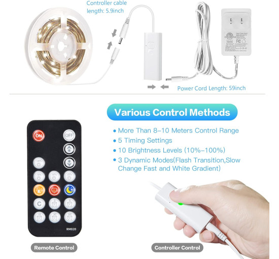 Білі світлодіодні стрічки WOBSION CL07-6000 5м. Bluetooth та ІЧ-пульт дистанційного керування, з регульованою яскравістю, 300 світлодіодів (0053)