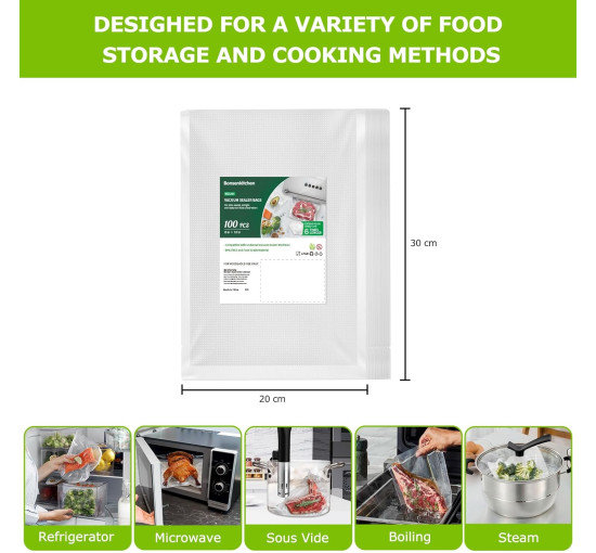Bonsenkitchen Вакуумні пакети для харчових продуктів ZL02504, (20x30 см), 100 пакетів (5006)