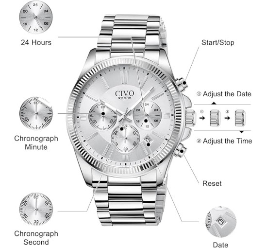 Чоловічі годинники CIVO 8351C з нержавіючої сталі, білий (4081)