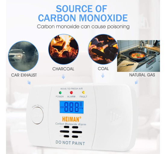 Детектор чадного газу HEIMAN 722ESY, детектор CO з цифровим РК-дисплеєм, живлення від батареї (0071)