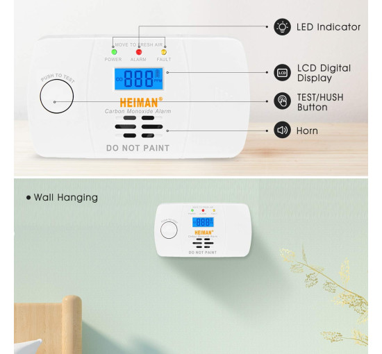 Детектор чадного газу HEIMAN 722ESY, детектор CO з цифровим РК-дисплеєм, живлення від батареї (0071)