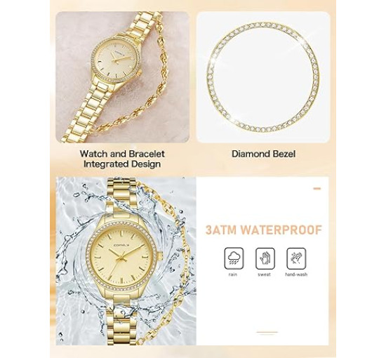 Годинник CIVO 2030 з нержавіючої сталі зі шкіряним ремінцем для жінок, золотий (4076)