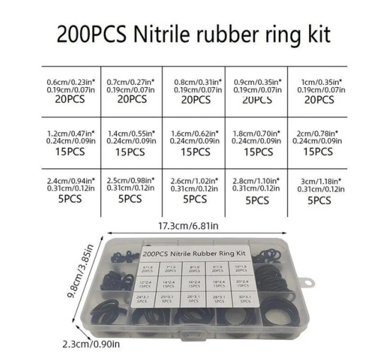 Кільця ущільнювачів 200 шт. набір у кейсі, О-ринги гумові різних розмірів, для сантехніки та машин (2022)