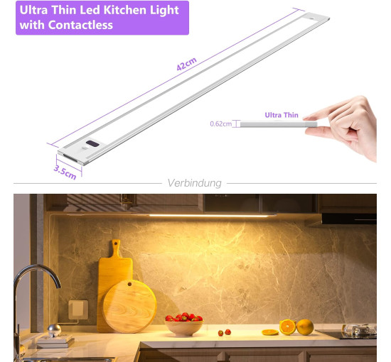 Кухонні світильники WOBSION CL-CG18-32 2шт. з безконтактним датчиком, 42 см освітлення під кухонну шафу, теплий білий колір 3000K (0060)