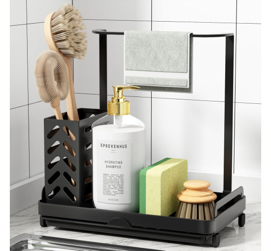 Кухонний органайзер Kitsure DE465, органайзер для мийки з нержавіючої сталі, багатофункціональний кухонний органайзер, чорний (2092)