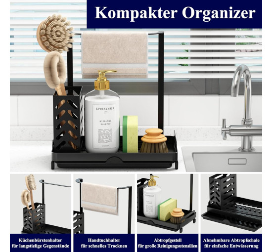 Кухонний органайзер Kitsure DE465, органайзер для мийки з нержавіючої сталі, багатофункціональний кухонний органайзер, чорний (2092)