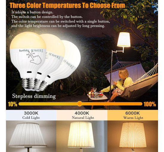 Лампочка Sunlisky USB, що перезаряджається, з пультом дистанційного керування, 7 Вт E27, для зовнішнього освітлення з гачком (0140)