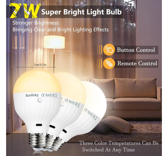 Лампочка Sunlisky USB, що перезаряджається, з пультом дистанційного керування, 7 Вт E27, для зовнішнього освітлення з гачком (0140)