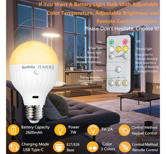 Лампочка Sunlisky USB, що перезаряджається, з пультом дистанційного керування, 7 Вт E27, для зовнішнього освітлення з гачком (0140)