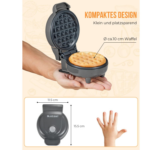 Міні-бельгійська вафельниця BLAZANT ABW59-DE, компактний дизайн, 550 Вт, сірий (2196)