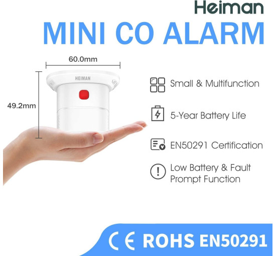 Міні-детектор чадного газу HEIMAN HS1CA, детектор CO на змінних батарейках, сигналізація 85 дБ, білий (0070)