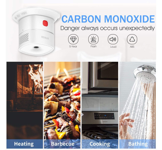 Міні-детектор чадного газу HEIMAN HS1CA, детектор CO на змінних батарейках, сигналізація 85 дБ, білий (0070)
