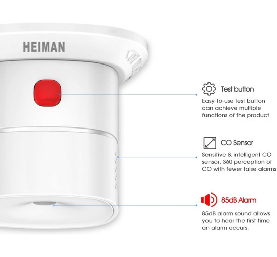 Міні-детектор чадного газу HEIMAN HS1CA, детектор CO на змінних батарейках, сигналізація 85 дБ, білий (0070)