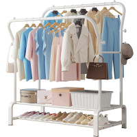 Прочная вешалка для одежды SMILOVII YJ-D02 с металлической двойной вешалкой для пальто, 4 боковыми крючками, 2-уровневой полкой для обуви, белая (0090)