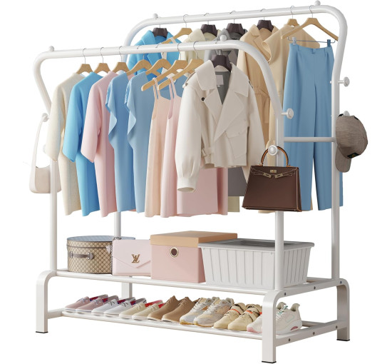 Міцна вішалка для одягу SMILOVII YJ-D02 з металевою подвійною вішалкою для пальто, 4 боковими гачками, 2-рівневою полицею для взуття, біла (0090)