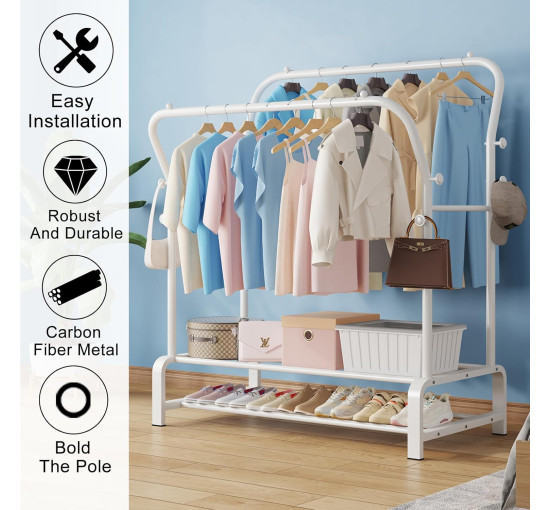 Міцна вішалка для одягу SMILOVII YJ-D02 з металевою подвійною вішалкою для пальто, 4 боковими гачками, 2-рівневою полицею для взуття, біла (0090)