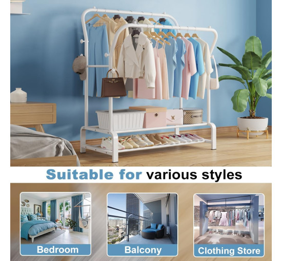 Міцна вішалка для одягу SMILOVII YJ-D02 з металевою подвійною вішалкою для пальто, 4 боковими гачками, 2-рівневою полицею для взуття, біла (0090)