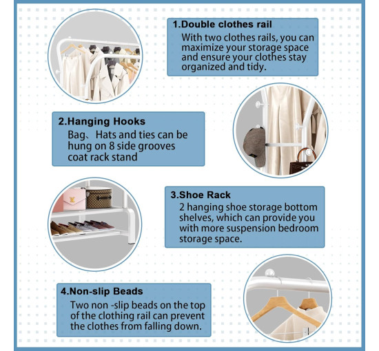 Міцна вішалка для одягу SMILOVII YJ-D02 з металевою подвійною вішалкою для пальто, 4 боковими гачками, 2-рівневою полицею для взуття, біла (0090)